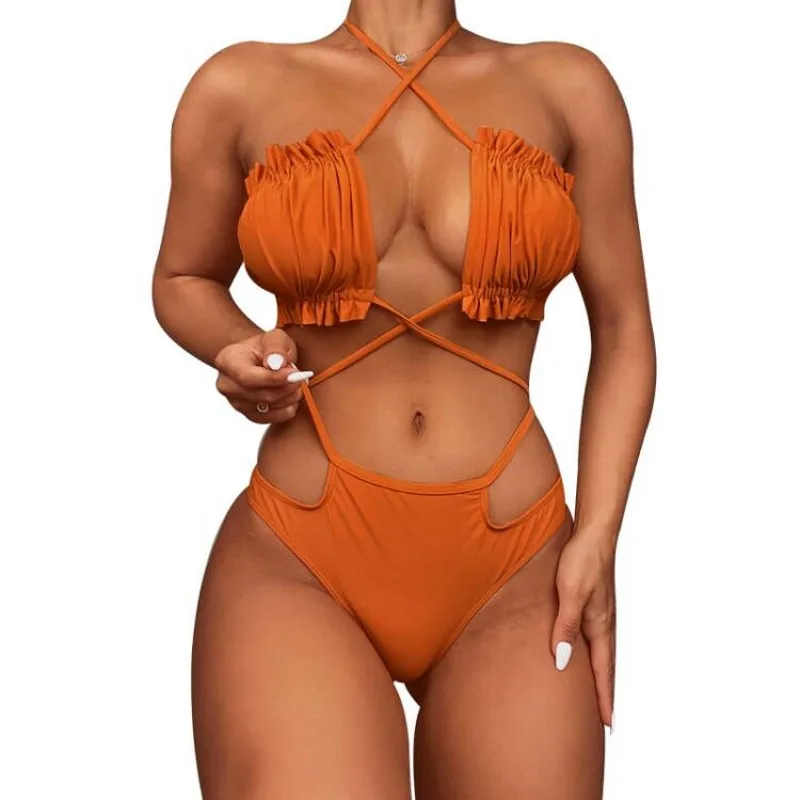 

Bandage Bikini Set Swimwear Women Ruched Bra And Panties Bathing Suit 2022 New Fashion Hollow Sexy Two Piece Swimsuit Bikini Set