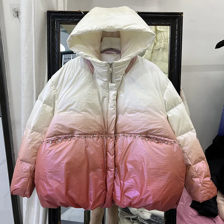 New Gradient Down Jacket Women's Short 2022 Korean Hooded Loose Long Sleeve Casual White Duck Down Winter Coat F633