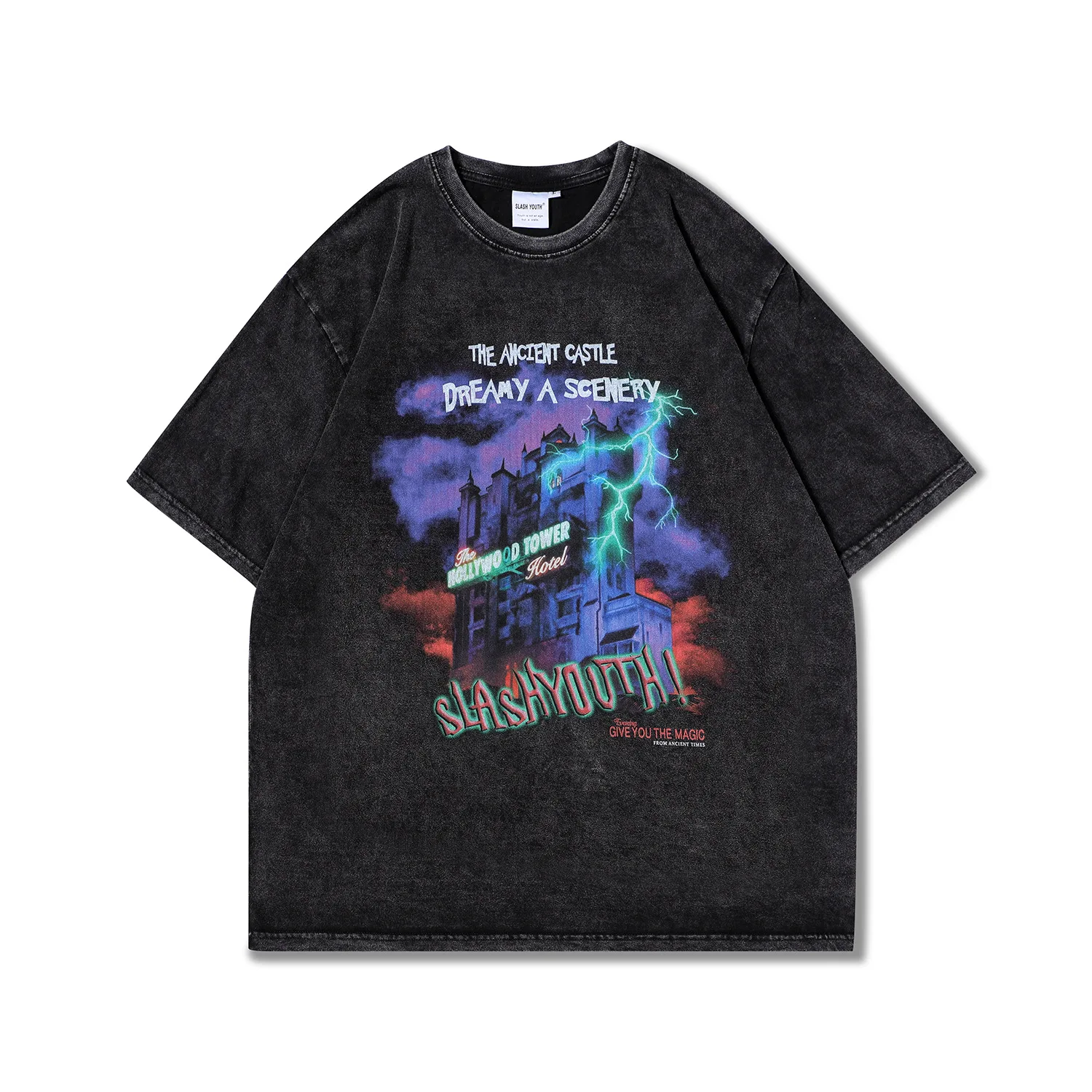 

New Style Cotton high Street Harajuku Short Sleeve Wash Water Vintage T-shirt Dark Castle Print Youth Hip Hop Oversized Top