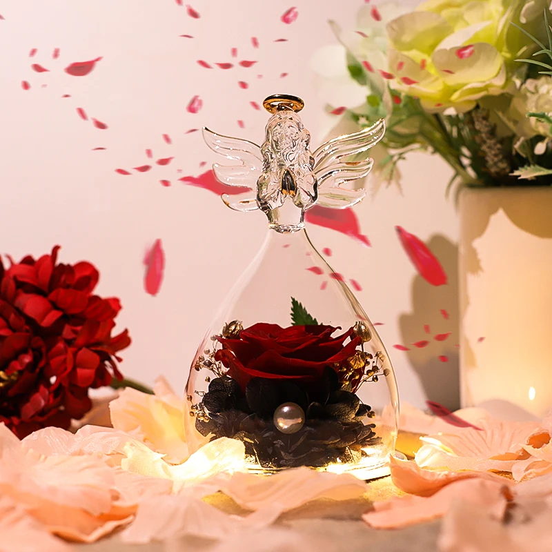 

Стеклянная крышка с ангелом на День святого Валентина, консервированный цветок, подарок Розе, подарок на свадьбу, годовщину, вечная роза, ко...