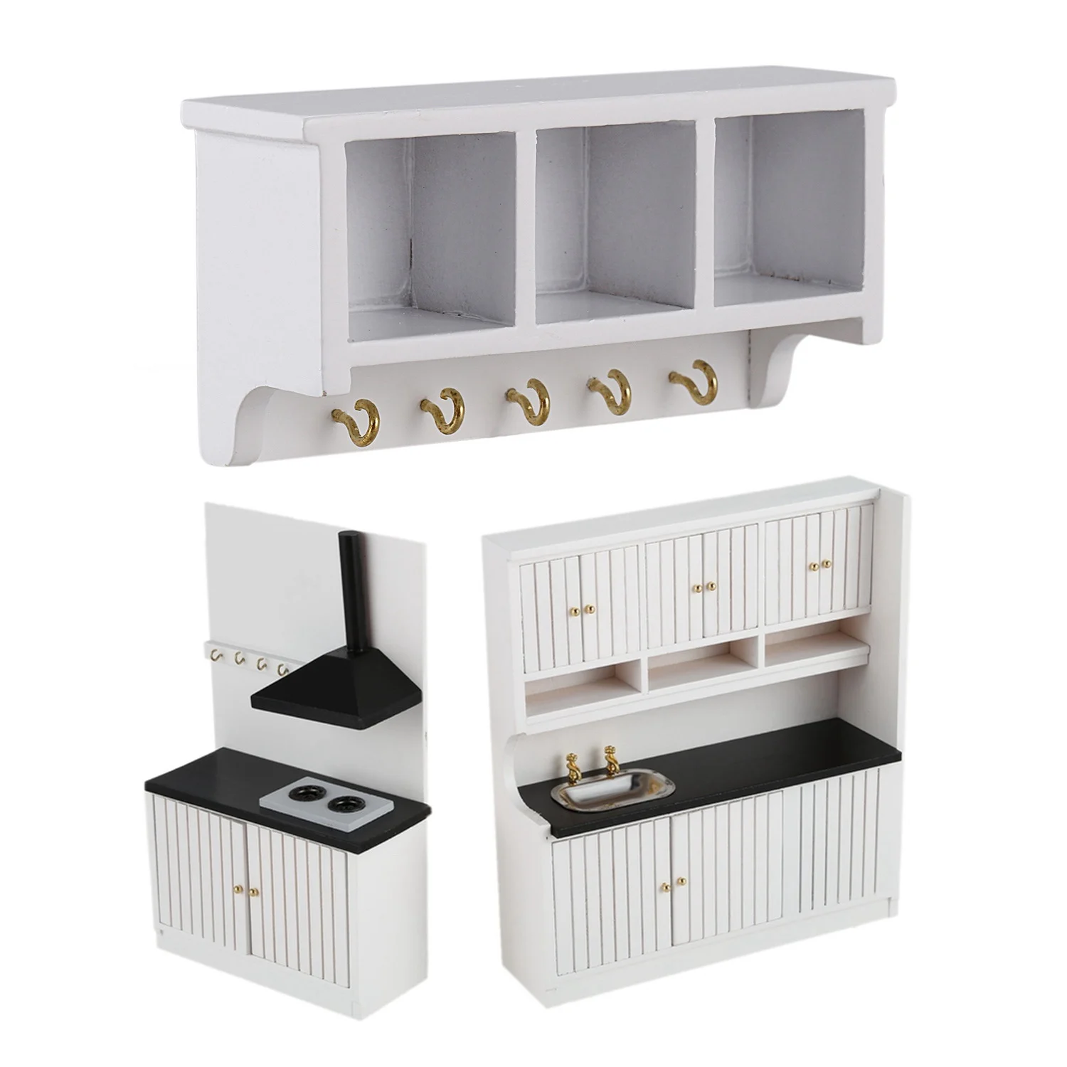 

1/12 Miniature Dollhouse Kitchen Wood Wall Bracket White & 1:12 Dollhouse Miniature Furniture Wooden Kitchen Set