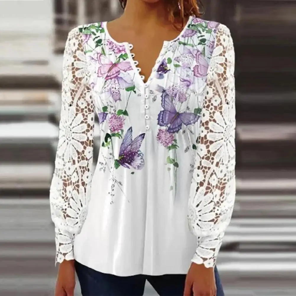 

Ladies Summer Shirt V-neck Floral Print Button Lace Stitching Long Sleeve Daily Wear Hollow Out See-through Spring Summer T-shir