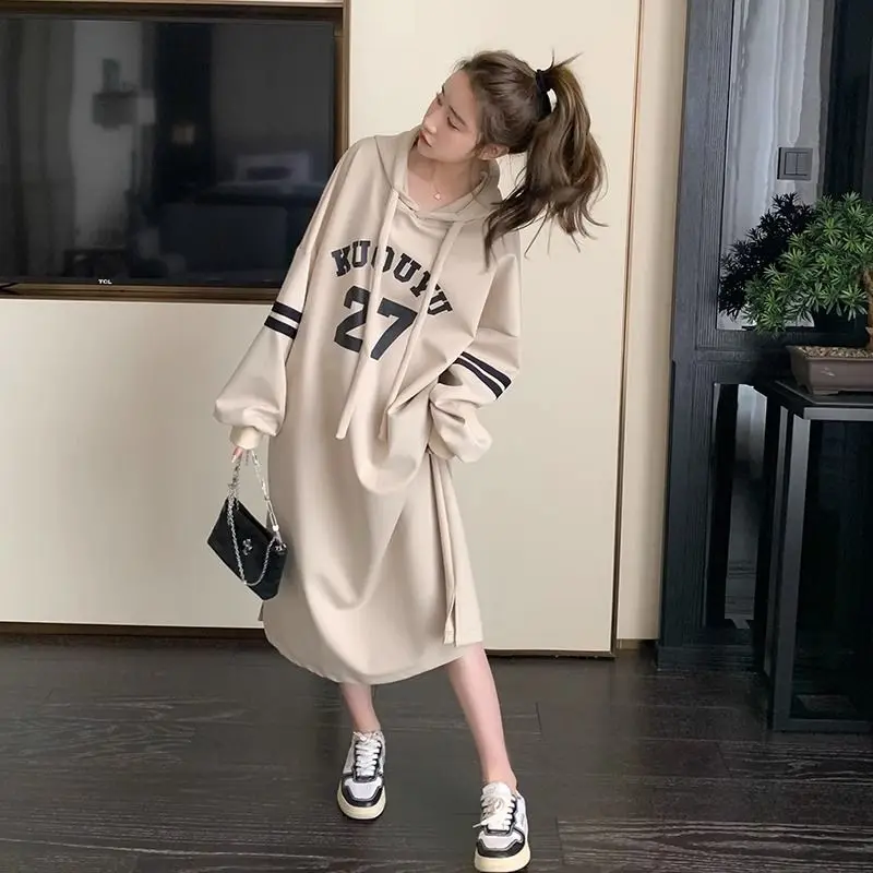 

Japanese style alphabet sweater overknee dress women's spring and autumn 2023 New loose plus size hooded Korea dress female