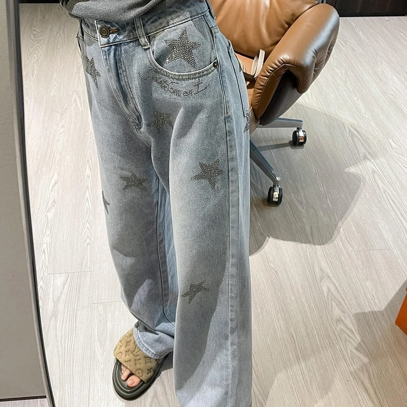 

Women Straight Jeans Heart Pockets Design Ulzzang Students Wide-leg Denim Trousers Mopping Summer Loose High Street Outwear Cozy