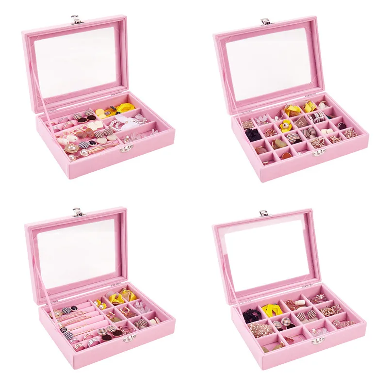 20*15*5cm Velvet Carrying Case with Glass Cover Flocking Jewelry Storage Box Ring Tray Earring Holer Necklace Organizer images - 6