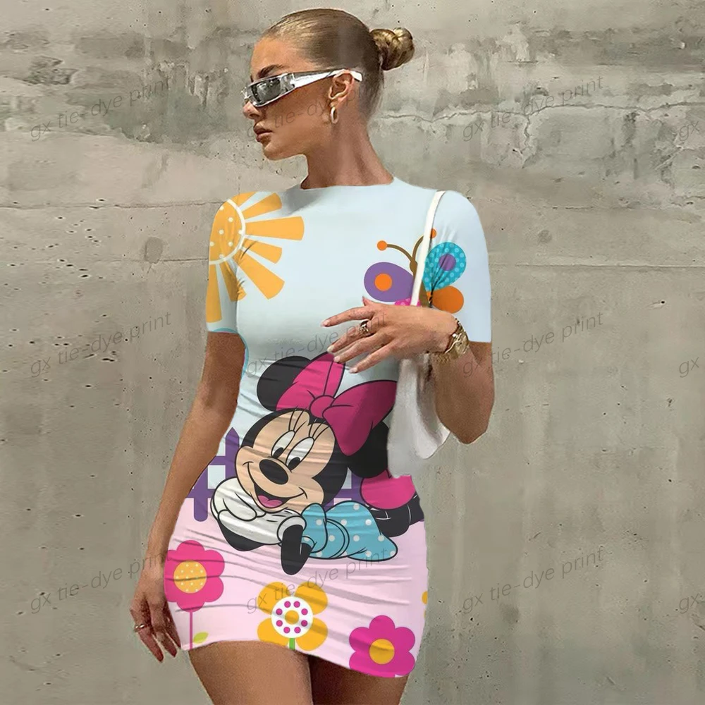 Fashion Disney Mickey Mouse Mini Dress For Women Summer New Casual Short Sleeves High Waist Sweet Dresses Party Femme Vestido images - 6