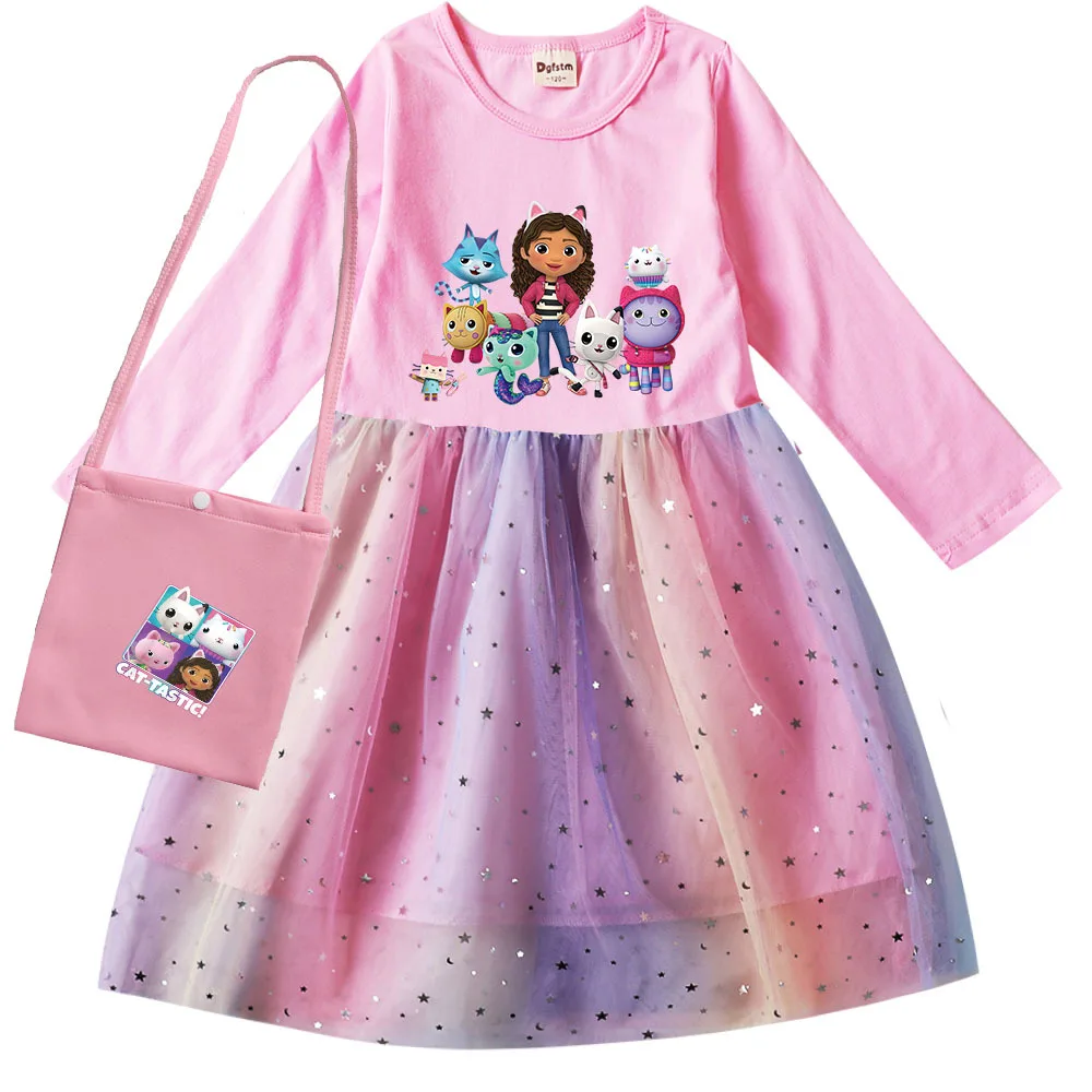 

Gabbys Dollhouse Clothes Baby Girls Long sleeve Princess Dresses+ Bag Kids Cartoon Cats-tastic Christmas Wedding Party Vestidos