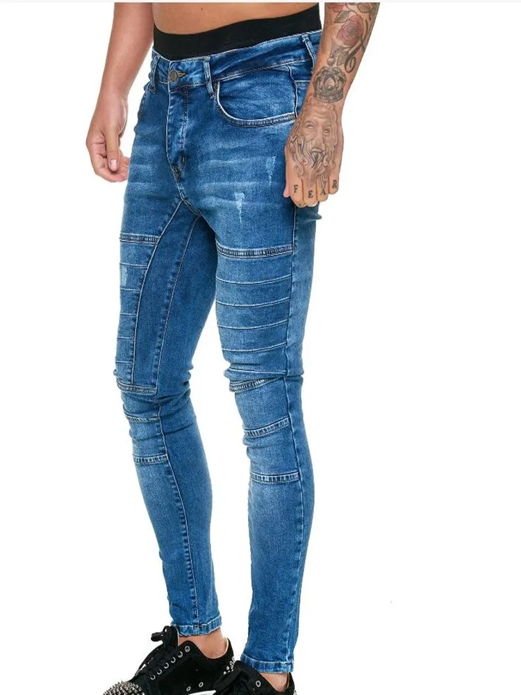 European American Mens Fashion Skinny Jeans Solid  Black Blue Hip-Hop High Street  Style Slim Fit Denim Casual Pencil Pants