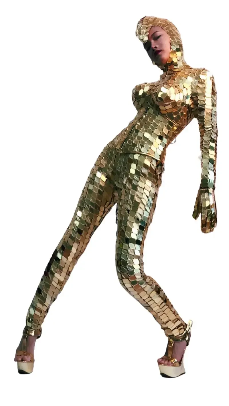 Зеркальный костюм комбинезон женский золотой клубный вечерние зеркальный