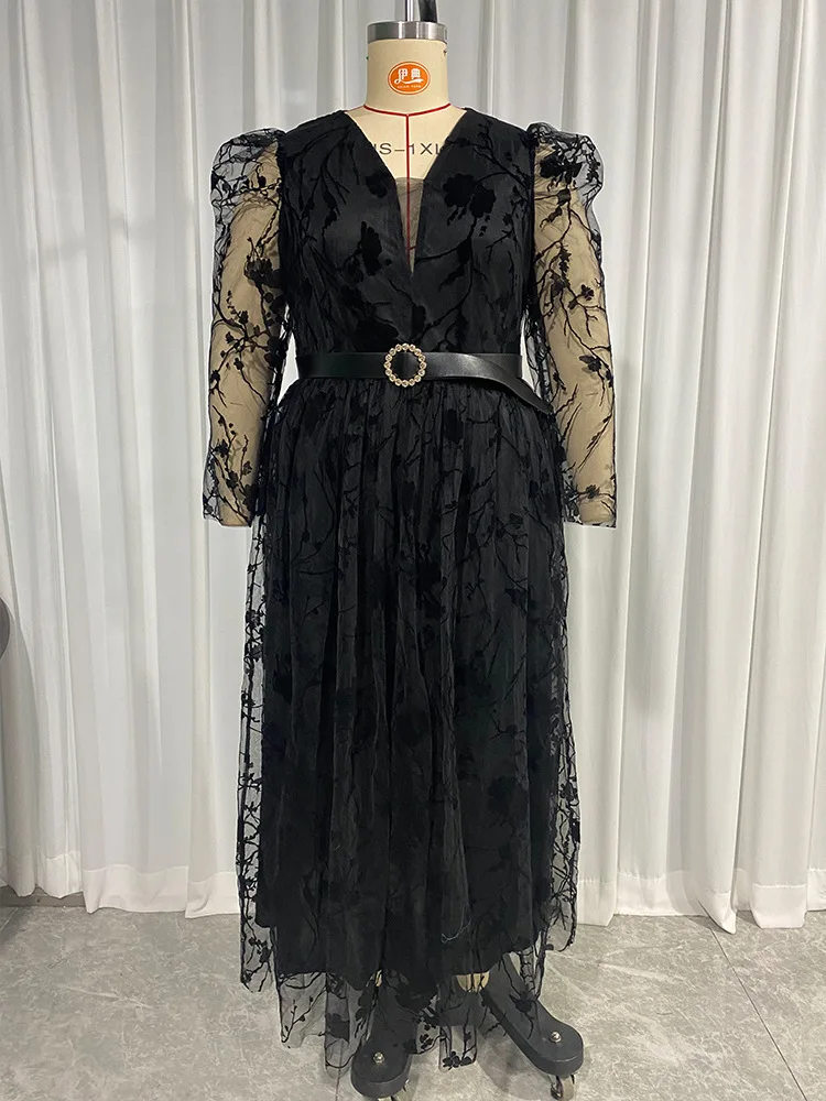 Women Plus Size Maxi Dresses 2023 New Spring Autumn Luxury Chic Elegant Long Sleeve Print Muslim Turkish Evening Party Clothing