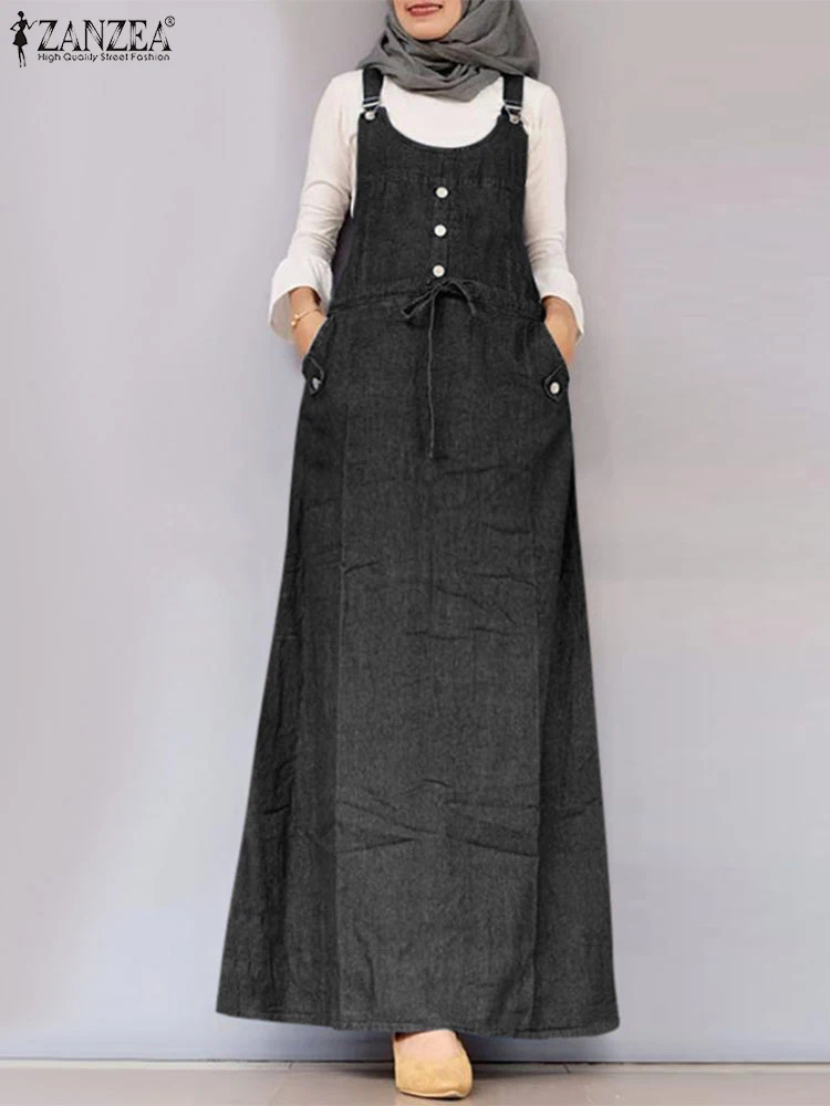 Модный женский Повседневный Сарафан ZANZEA на бретелях однотонный джинсовый синий