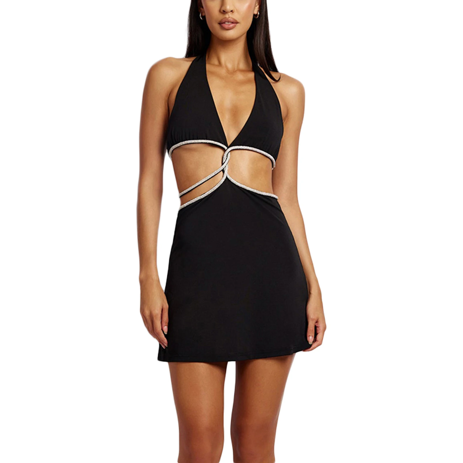 

Women Summer Slim Fit Dress Rhinestone Patchwork V-Neck Tie-Up Halterneck Waist Cutout Mini Dress Sleeveless Backless Dress