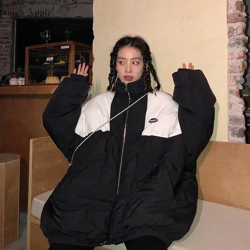 Winter Coat 2022 For Women Black Patchwork Casual Thicken Zippers Pockets Couple Loose Leisure Female Harajuku Streetwear Parkas