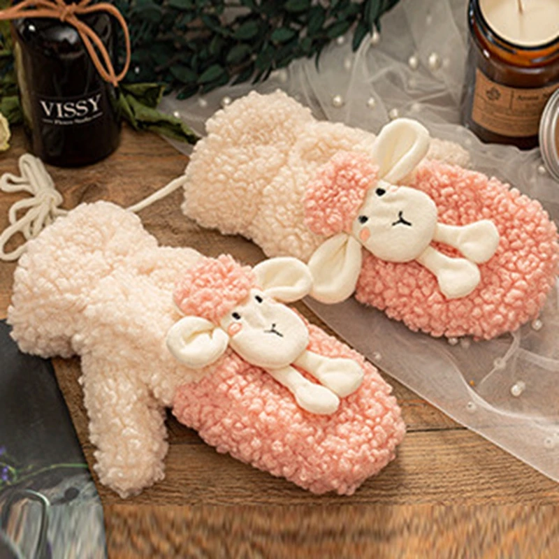 

Double-layer Cashmere Gloves Female Winter Korean Version of 5 Color All Fingers Winter Girls Mittens Cute Lamb Gloves