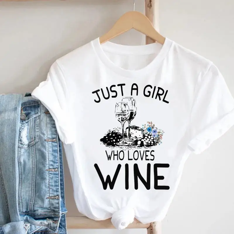 

Wine Love Flower Trend Fashion Casual Summer Women Clothing Short Sleeve Graphic Tee Female Top Clothes Tshirt T-shirt