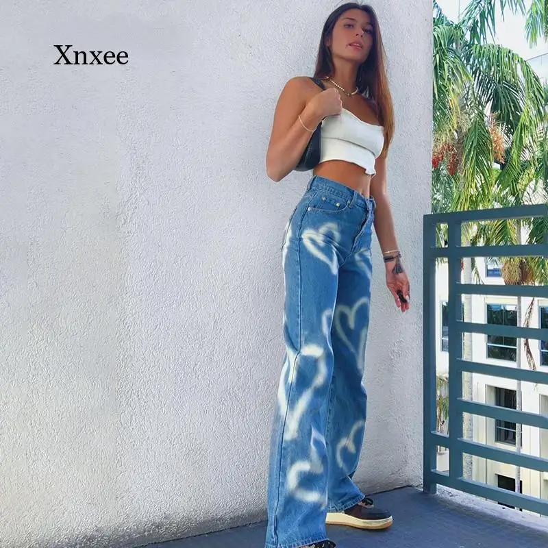 

Vintage Heart Printed Hot Baggy Jeans Women High Waist Harajuku Aesthetic Mom Jeans Denim Streetwear 90S Trousers Cuteandpsycho