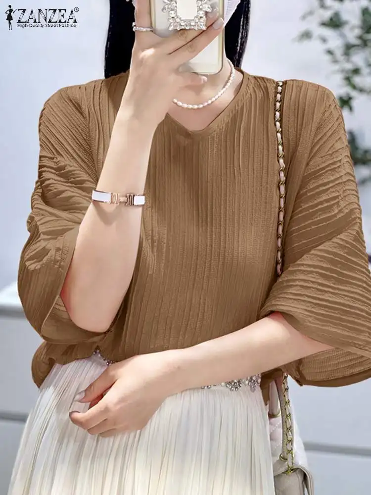 

2023 ZANZEA Женская модная однотонная туника, топы, летняя элегантная офисная рубашка, женская блузка с рукавом 3/4 и V-образным вырезом, Повседневная Праздничная пляжная сорочка