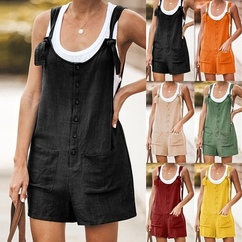

2022 women's clothes solid color patch pocket lace up cotton hemp suspender Jumpsuit womens fashion