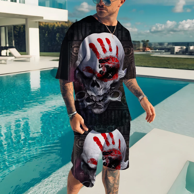 

Horror White Skull 3d Print Men's T-Shirt Set Summer Classic Short Sleeves Plus Shorts Two Piece Streetwear Asian Size XXS-6XL