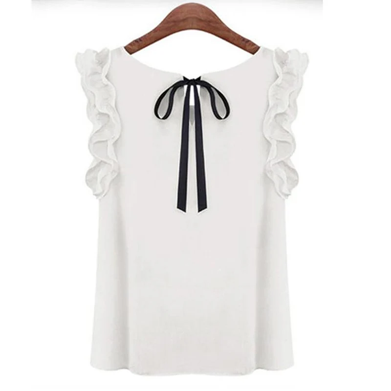 

2023 Summer Sleeveless Tunic Blouses Women Ruffled Solid Tops Female Short Slim Shirts Ladies Office Blusas Fashion White