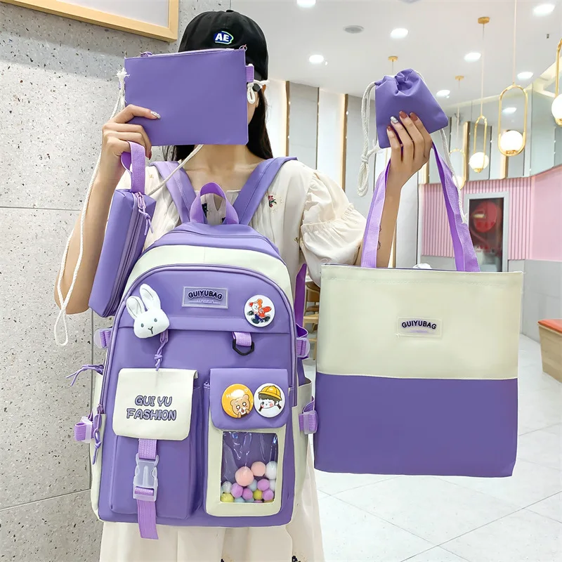 

Qyahlybz korean version of backpack primary and secondary school bag five-piece set simple large-capacity casual backpacks