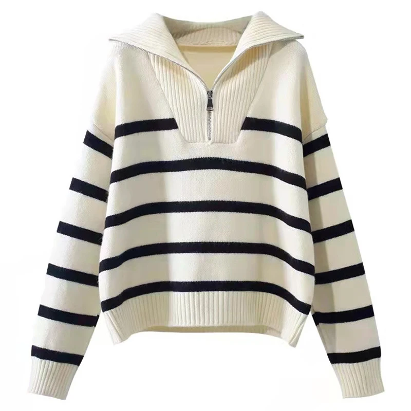 

Zipper Striped Sweater Kintted Women Crochet Pullovers Off White Spring Autumn Winter Sweet Jumper Top Jumper Streetwear Clothes