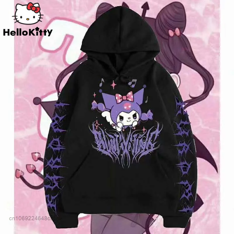 Sanrio Kuromi Cartoon Print Hoodie Autumn Winter Loose Soft Plush Harajuku Sweater Y2k Halloween Punk Style Clothes For Women