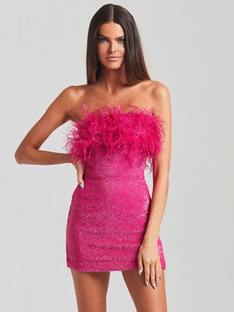 

2022 Sexy Strapless Backless Mesh Sequins Feather Pink Women Summer Bodycon Dress Designer Fashion Evening Party Dress Vestido