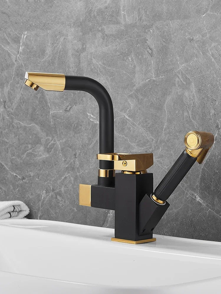 

All Copper Black Retractable Hot and Cold Wash Basin Table Basin Bathroom Washbasin Pull-out Faucet