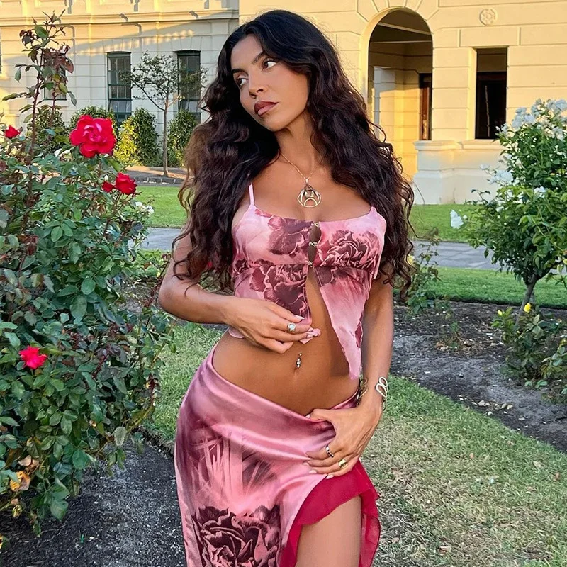 

High Slit Skirt And Top Set Sexy Floral Print Long Skirts Sets Women Fashion Low Cut Crop Top Ruffle Wrap Hip Slim Summer Outfit