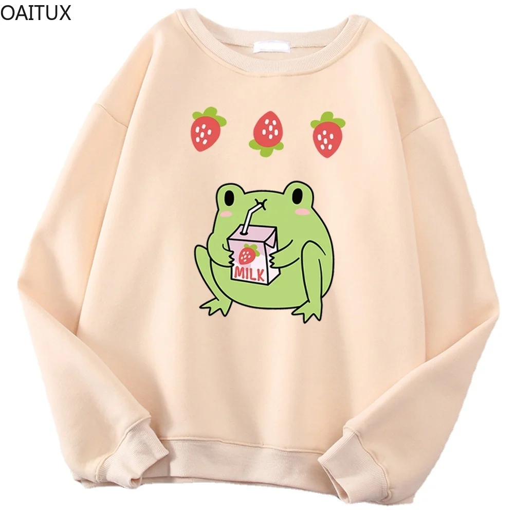 

Kawaii Womens Sweatshirts Cute Frog Drink Strawberry Milk Tea Print Clothing Lady Oversize Moletom Hip-Hop Animal Females Tops