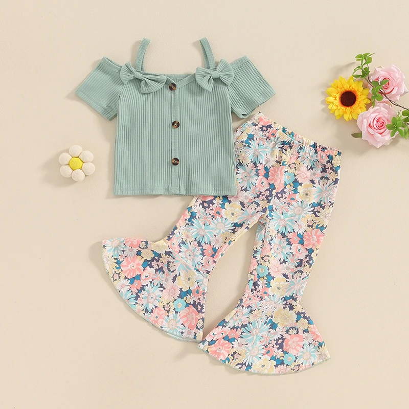 2 шт. детский летний трикотажный топ с открытыми плечами и цветочным принтом