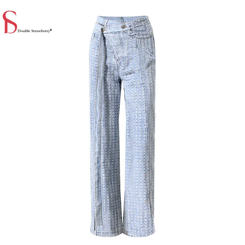 

Pants Denim Women's Asymmetrical Diagonal Waist Front Double Front Perforated Hollow Washed Raw Edge Jeans