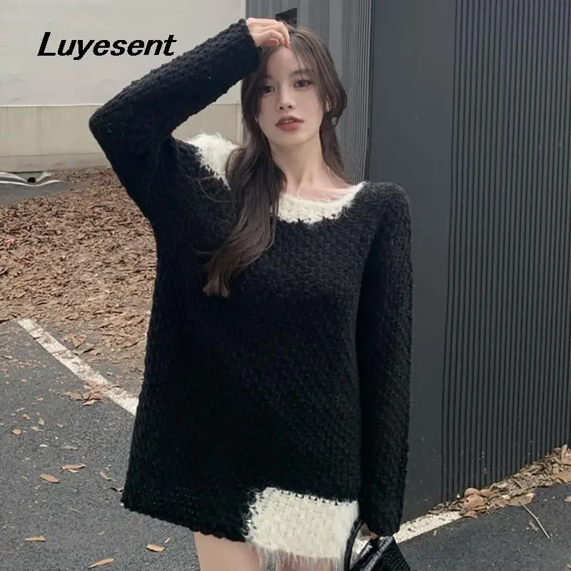 

Женский свитер контрастных цветов, черный и белый свободный пуловер с круглым вырезом и длинным рукавом, свитеры, модная одежда в Корейском стиле, осень 2023