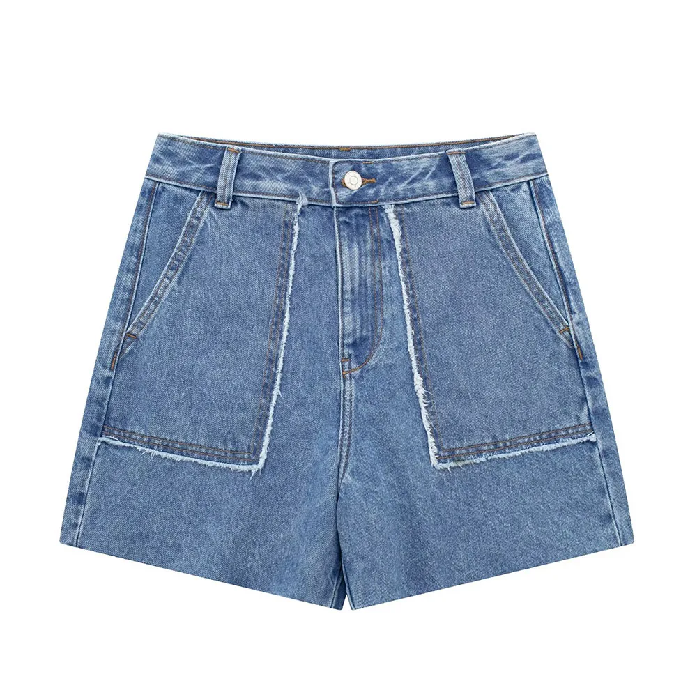 

Summer fashion women's casual versatility high-rise pockets trim hem raw edge design denim shorts