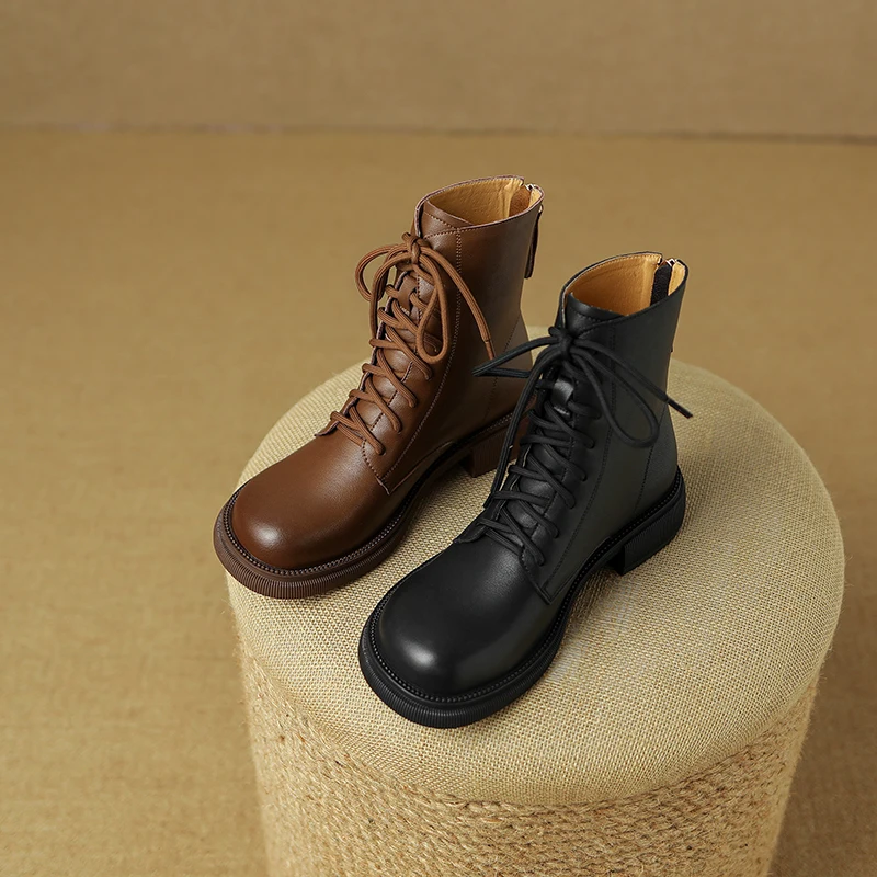 

2022 new Women ankle boots natural leather 22-24.5CM cowhide full leather modern boots back zipper lace-up retro short boots