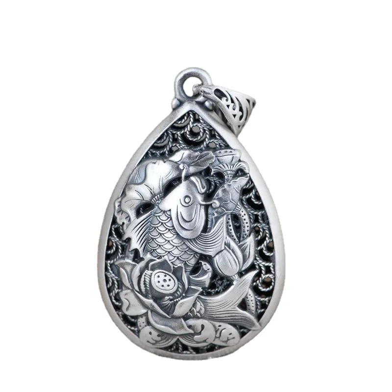 Винтажный кулон в виде капли цветка лотоса с гравировкой из серебра 925 пробы