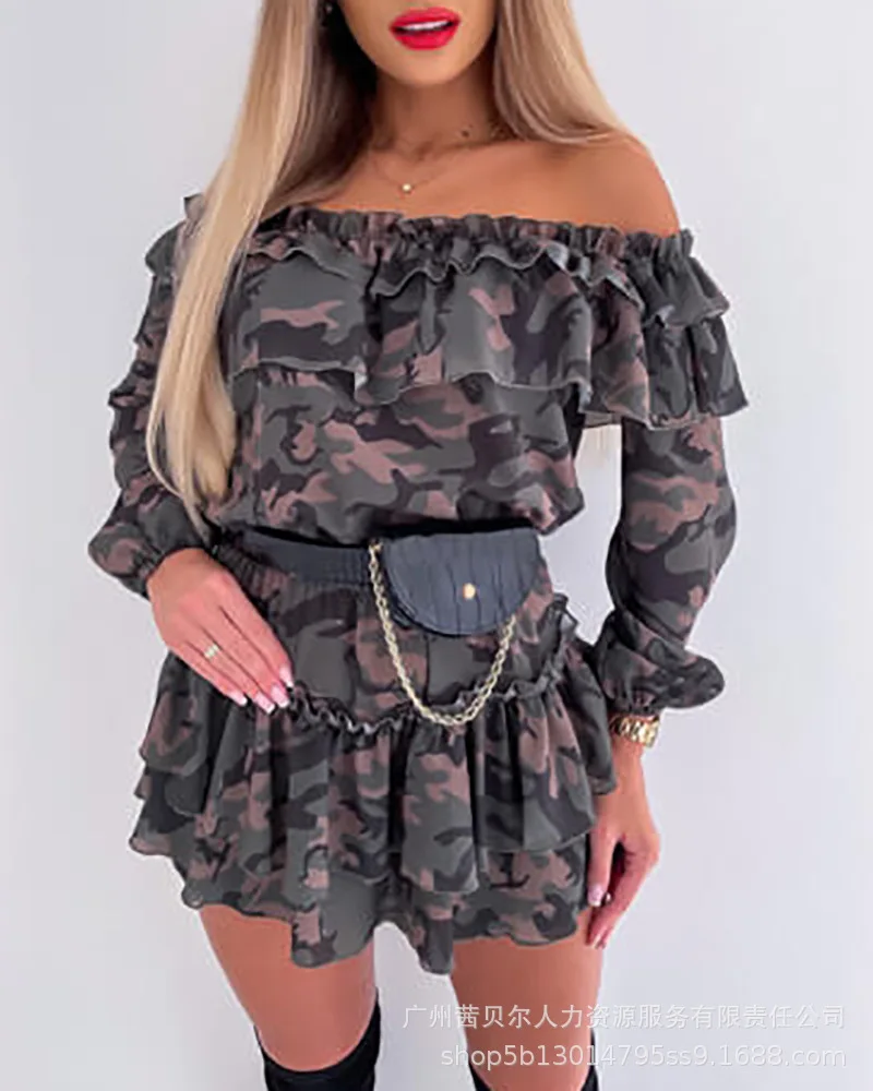 

Mini Dress Women Spring 2022 New Camouflage Print Long Sleeve One Shoulder Dress Without Waist Bag