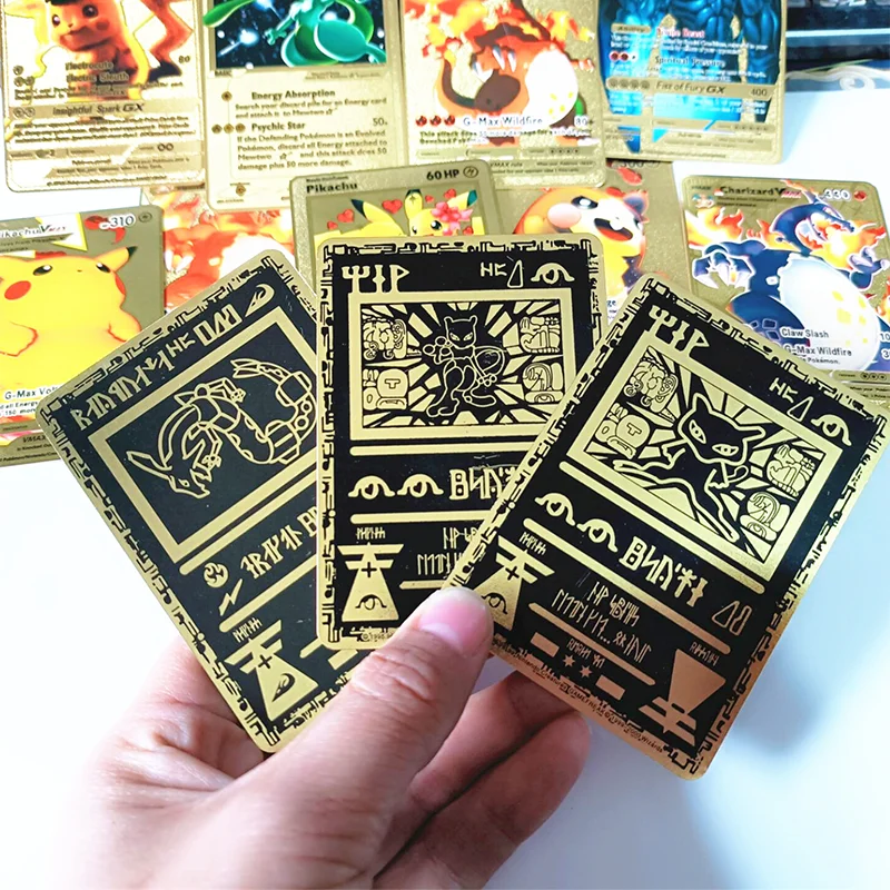 

Anime Pokemon Pikachu Mewtwo Charizard Black Gold Metal Collection English Card Vmax Gx GenⅠ Trainer Battle Original Cards Toys