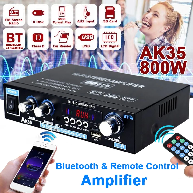 800W Home Car Amplifiers 2 Channel bluetooth 5.0 Stereo Sound Amplifier HIFI Subwoofer Bass Amplifier  FM USB Remote Control