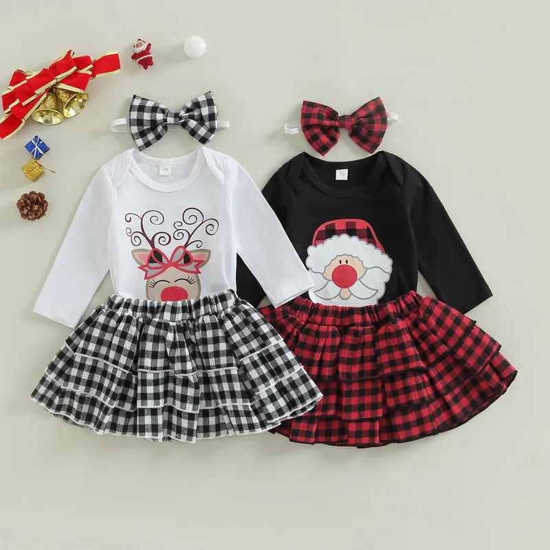 

Baby Christmas Outfit Girl Clothes New Born Fall Winter Sportswear Santa Shirt Plaid Skirt Headband Baby Items 0 to 18 Months