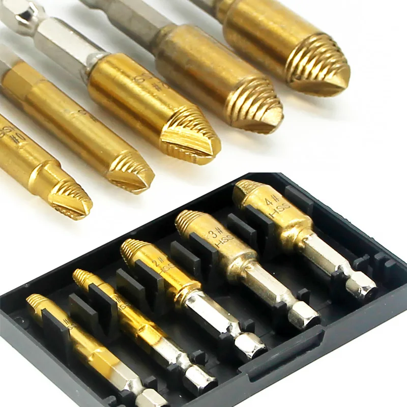 

Set Stripped Tools Screw Extractor Demolition Broken Bit Easily Out Screw Damaged Take Extractor Bolt Drill Remover 5pcs Kit