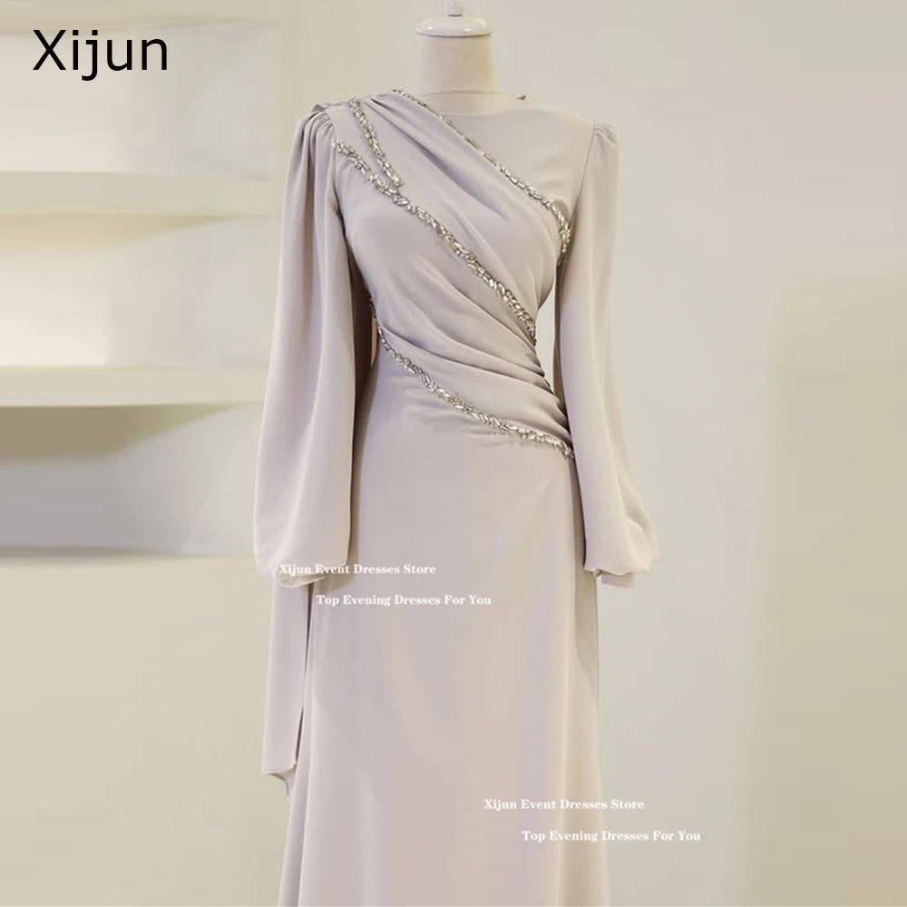 Xijun Скромные креповые длинные вечерние платья с бусинами и длинными рукавами