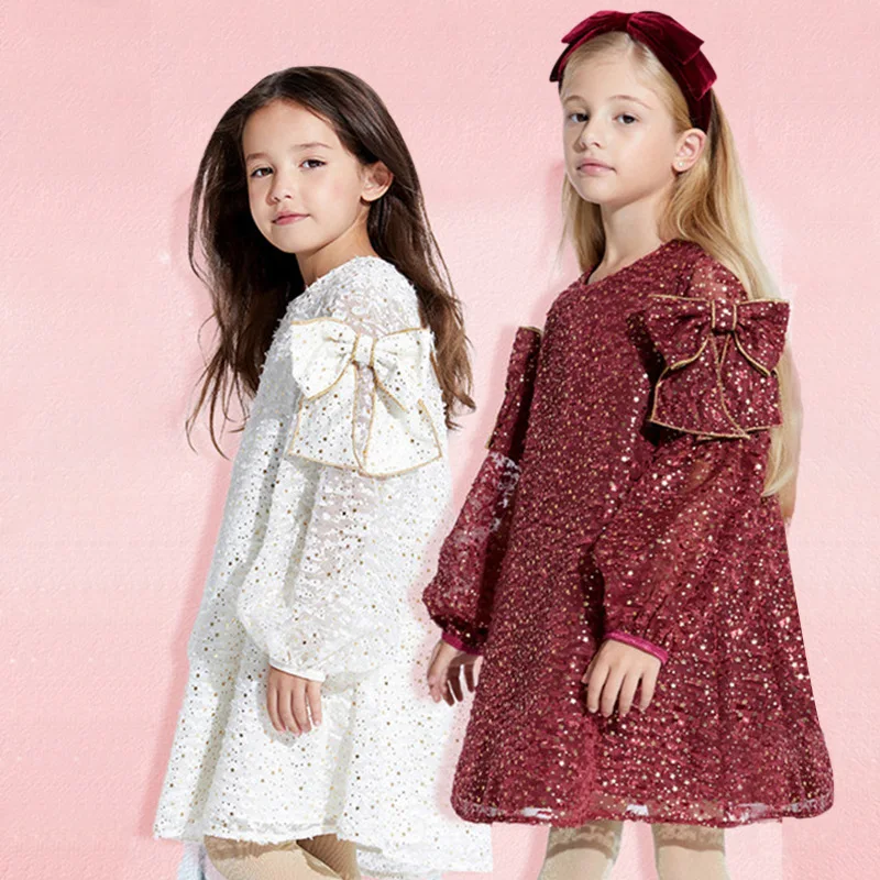 

Girls Dress 2022 Spring And Summer New Bow Sequined Mesh Princess Dress Party Evening Dress White Long Skirt Children's Clothing