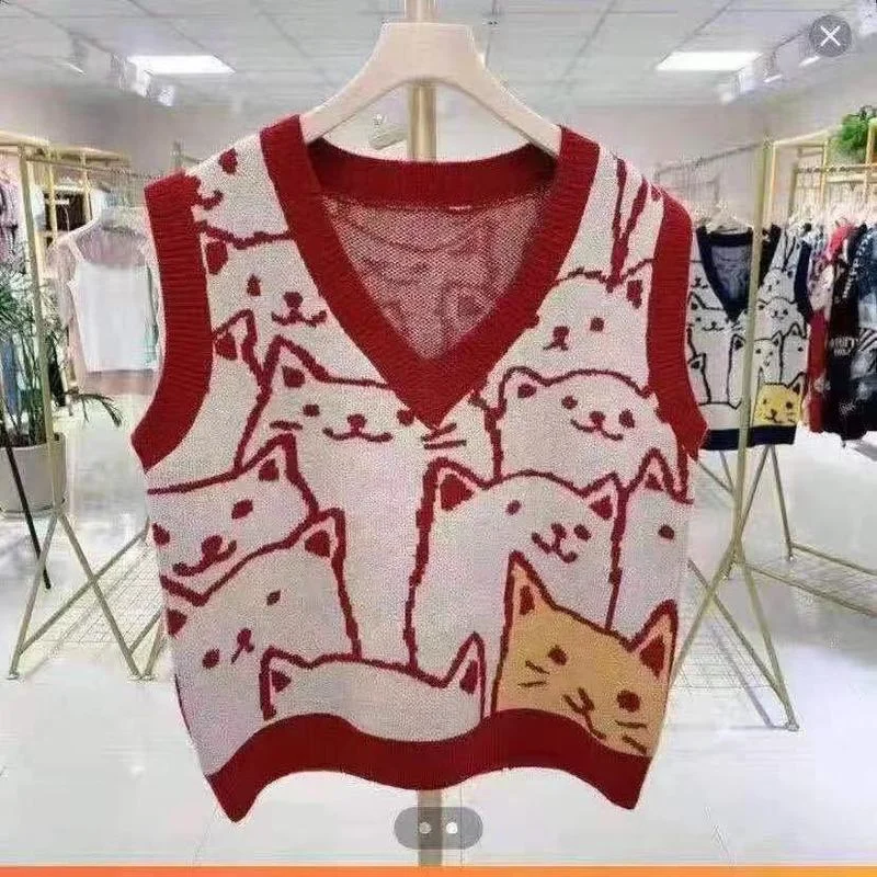 

Women All-match Ladies Tops Cropped Sweater Sweater Vest Autumn Style Loose Casual Cute Cat V-neck Vest Pullover Knit Sweater