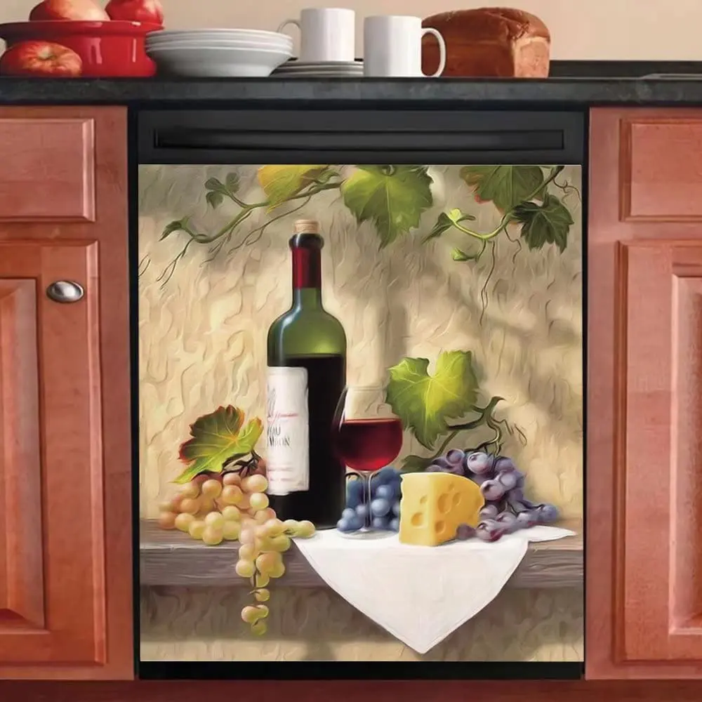 

Wine Decor Magnetic Dishwasher Cover Kitchen Decor,Country Grape Fridge Sticker With Magnet,Wine Refrigerator Magnet Panel Decal