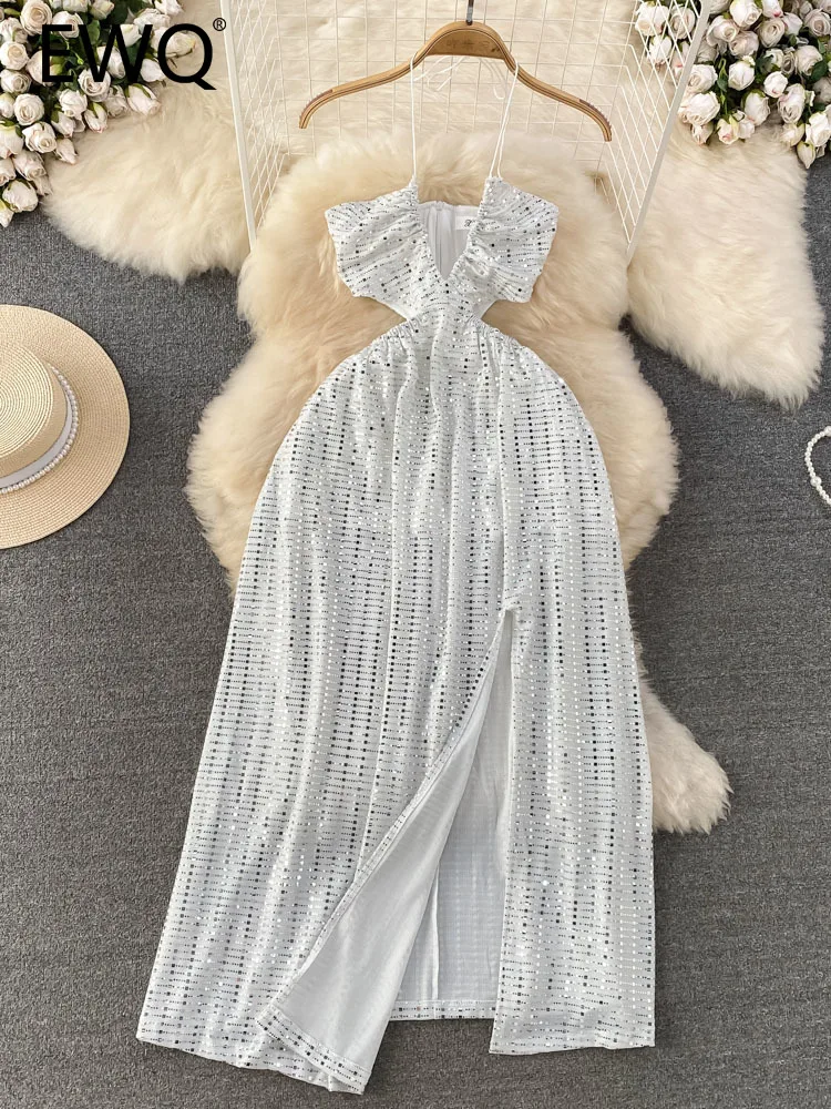 

EWQ Irregular Split Drawstring Strapless Sweet Style Women's Dress Contrast Color Patchwork High Waist 2023 Summer New Dresses
