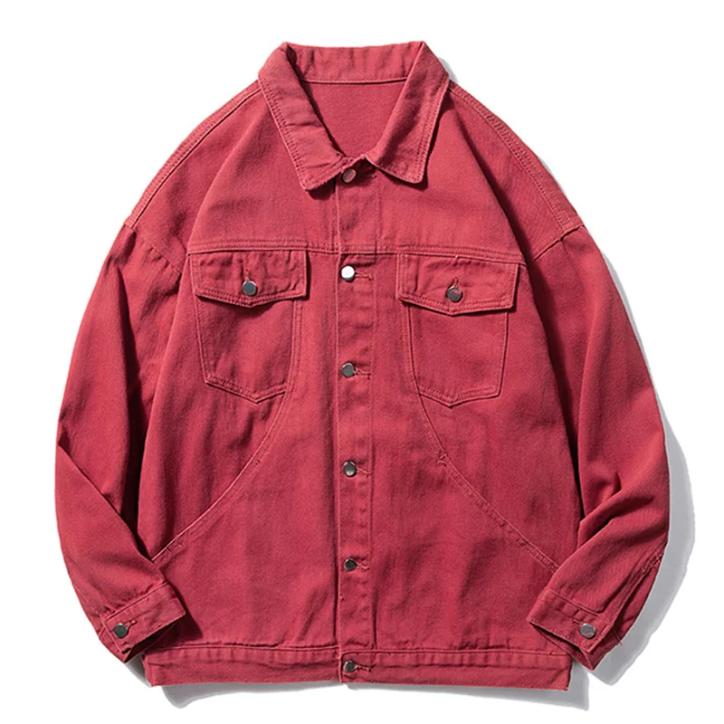 

Men's Loose Red Denim Jacket, Simple Elastic, Casual, Single Button, Classic, Available in 5 Colors