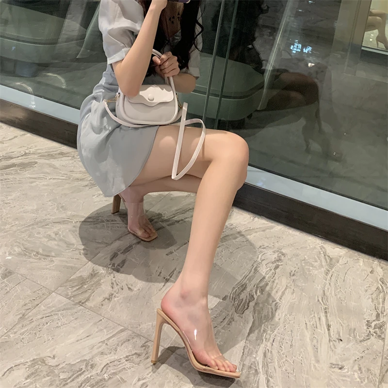 

2022 Summer New Nude Color Transparent Sandals Ladies Sexy Two-Piece High Heel 7-10.5cm Outside Wear Sandals 35-39 Size