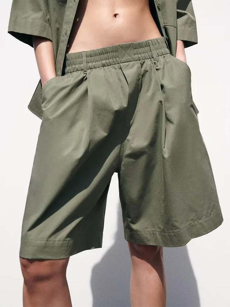 

2023 Women Summer Shorts Casual Solid Poplin Elastic waist Pockets Female Elegant Street Short Clothing